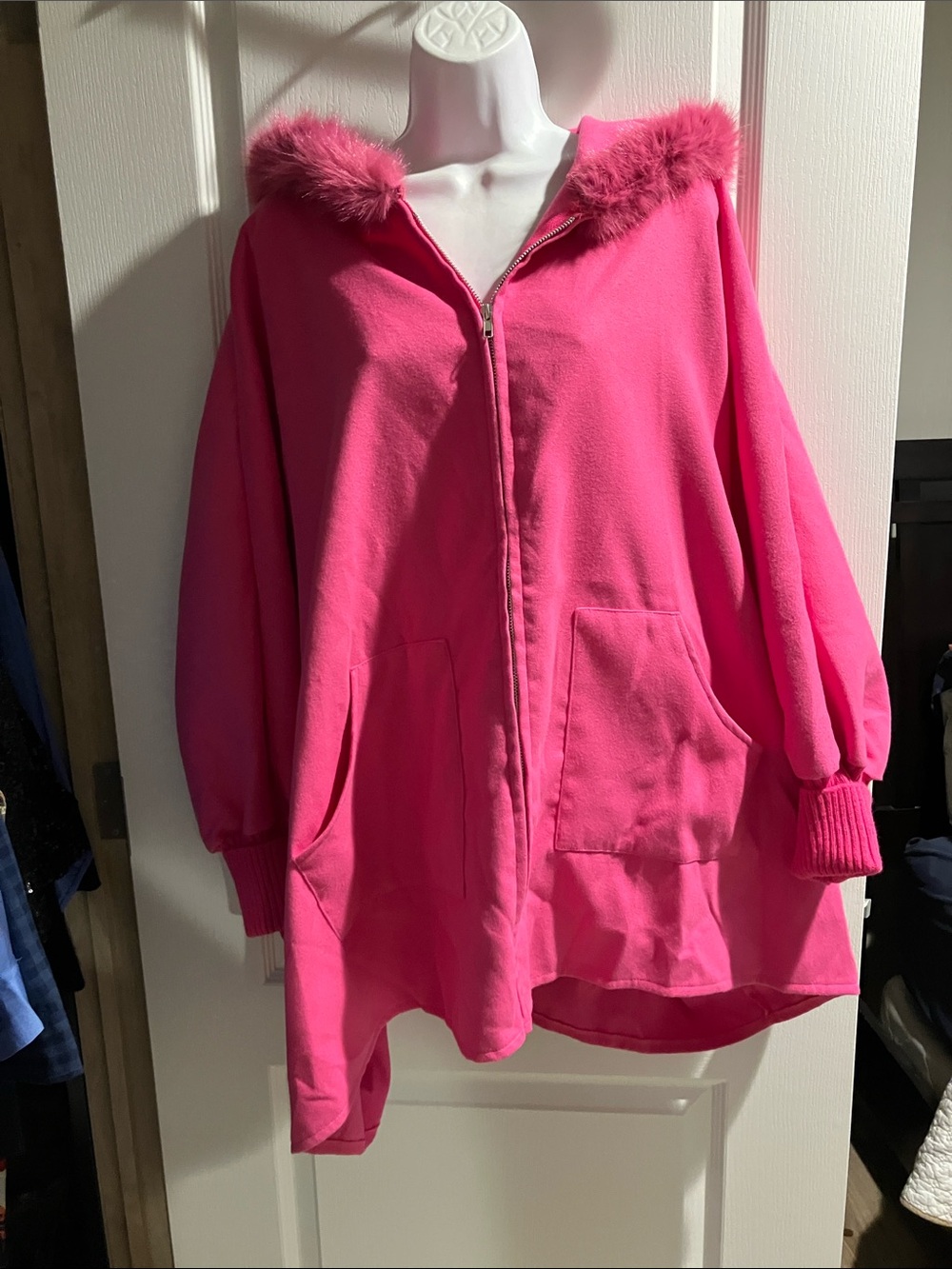 Bright Pink Zip-Up Hoodie cardigan with Faux Fur Trim